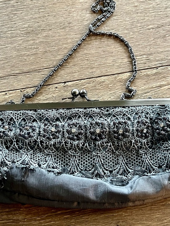 Handbags - Elegant Gray  Beaded Lace Evening Clutch with Chain